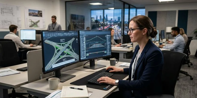 Inżynier przy stacji CAD projektujący geometrię drogi w programie Civil 3D z widokiem modelu 3D