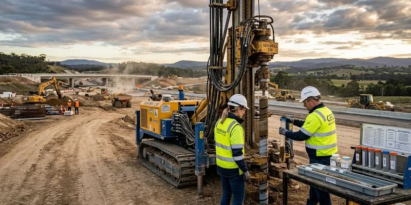 Laboratorium geotechniczne z próbkami gruntu i aparaturą do badań wytrzymałościowych