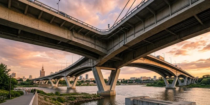 Most drogowy wieloprzęsłowy nad rzeką z konstrukcją sprężoną i barierami ochronnymi