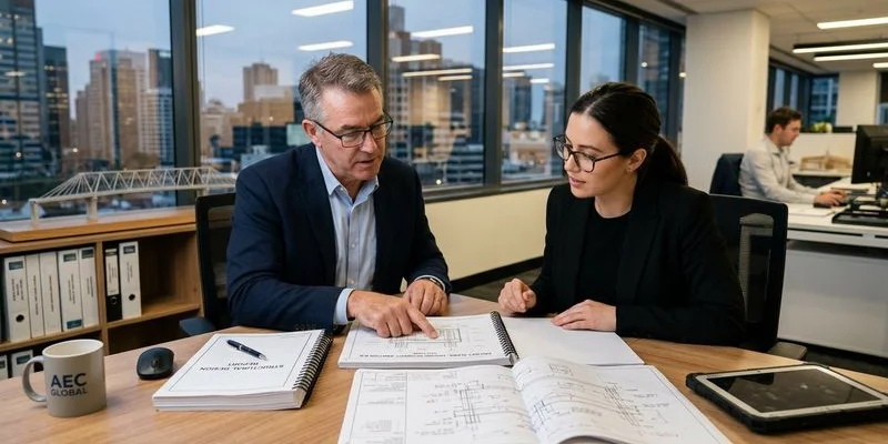 Projekt budowlany drogi ekspresowej z przekrojami poprzecznymi i planem sytuacyjnym na stole kreślarskim