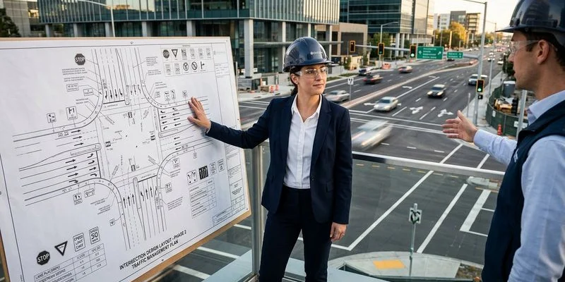 Projekt organizacji ruchu z oznaczeniami znaków drogowych i sygnalizacji na planie drogi