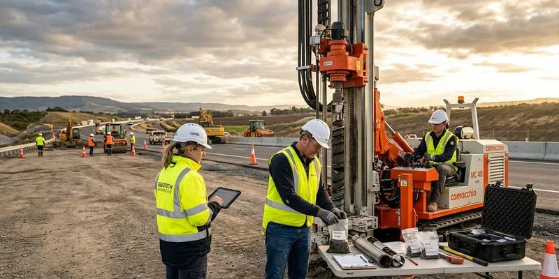 Sondowanie geotechniczne w terenie przed budową drogi z wiernicą i zespołem geologów