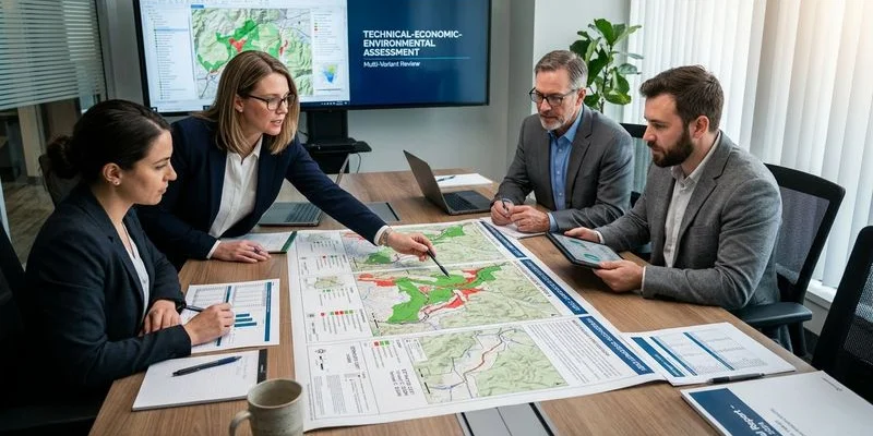 Zespół inżynierów analizujący warianty przebiegu trasy na planszach projektowych w biurze Drogie Drogi