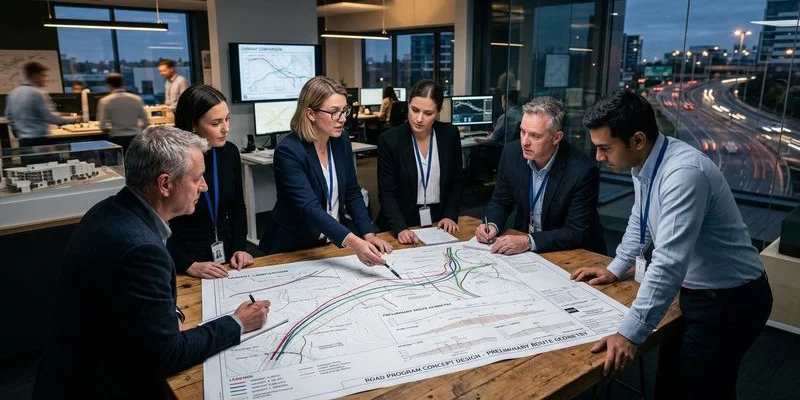 Zespół projektantów analizujący wariant koncepcji programowej na dużej planszy w biurze